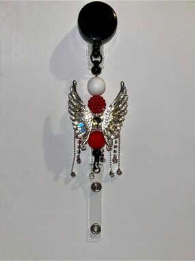 Red & White Angel Wing Badge Reel with Crystal Accents